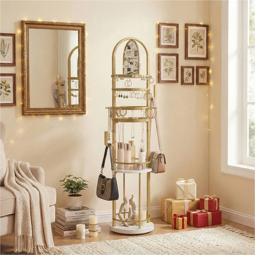 Costway Jewelry Organizer Stand Rotating Jewelry Storage Rack w/Earring Holder in Gold 5