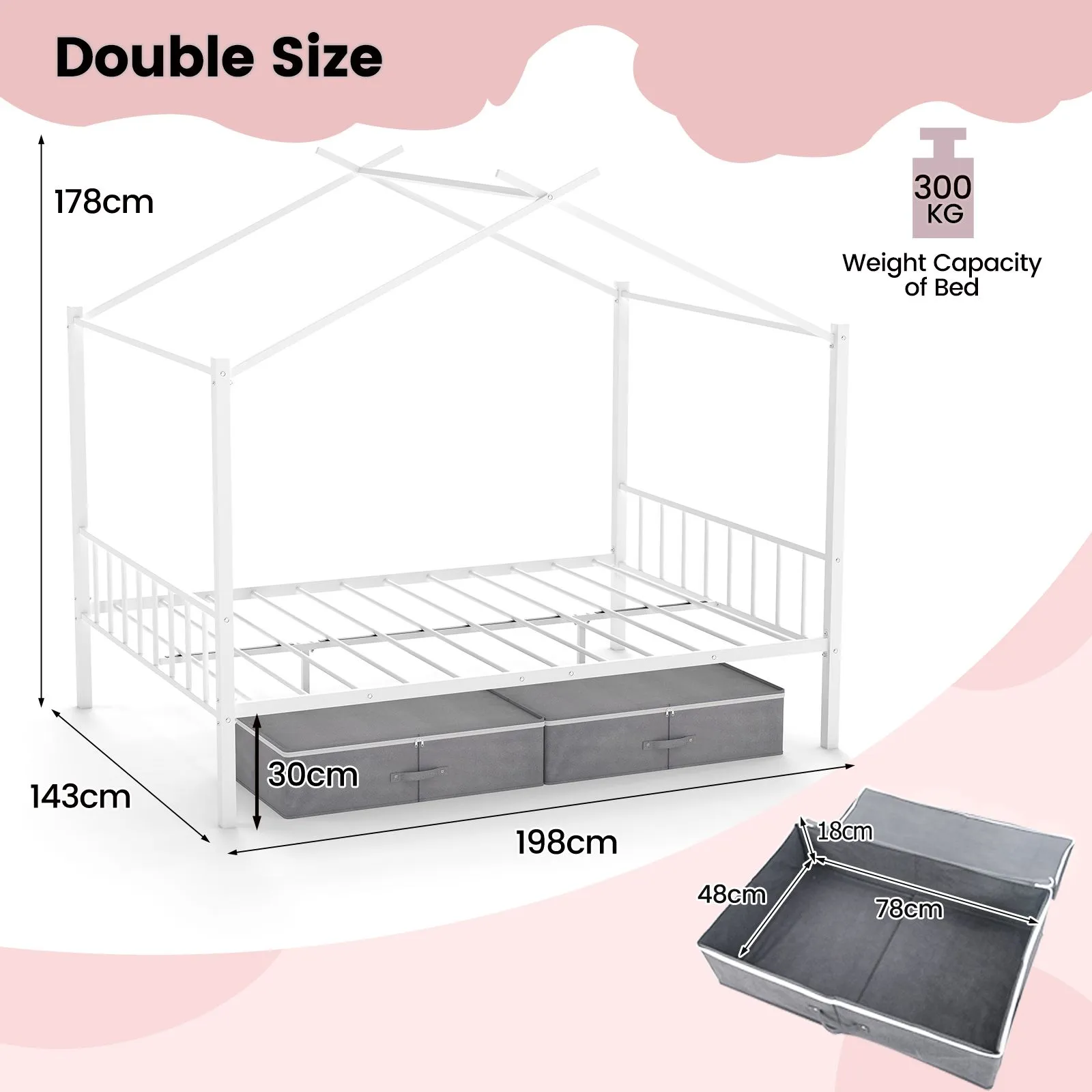 Costway Double Size House Bed Heavy-Duty Metal Platform Bed w/2 Drawers in White 2