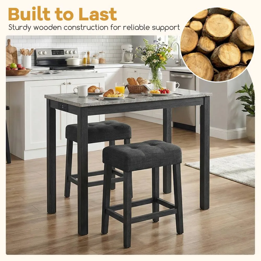 Costway Set of 3 Faux Marble Bar Table Set w/Charging Station&2 Padded Stools in Grey 4
