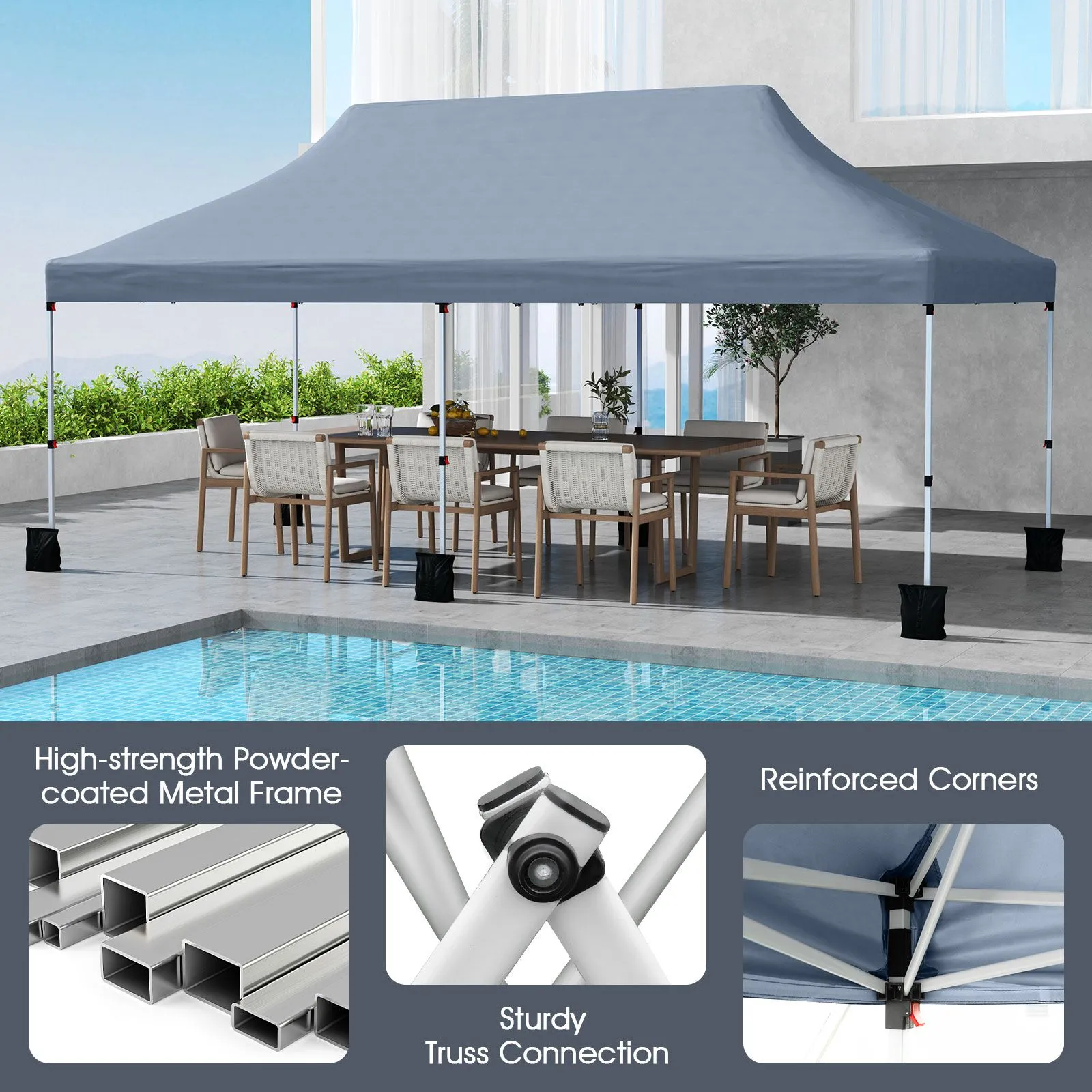 Costway 3 x 6M Pop-up Canopy Tent Height Adjustable Gazebo w/ Carry Bag in Grey 5