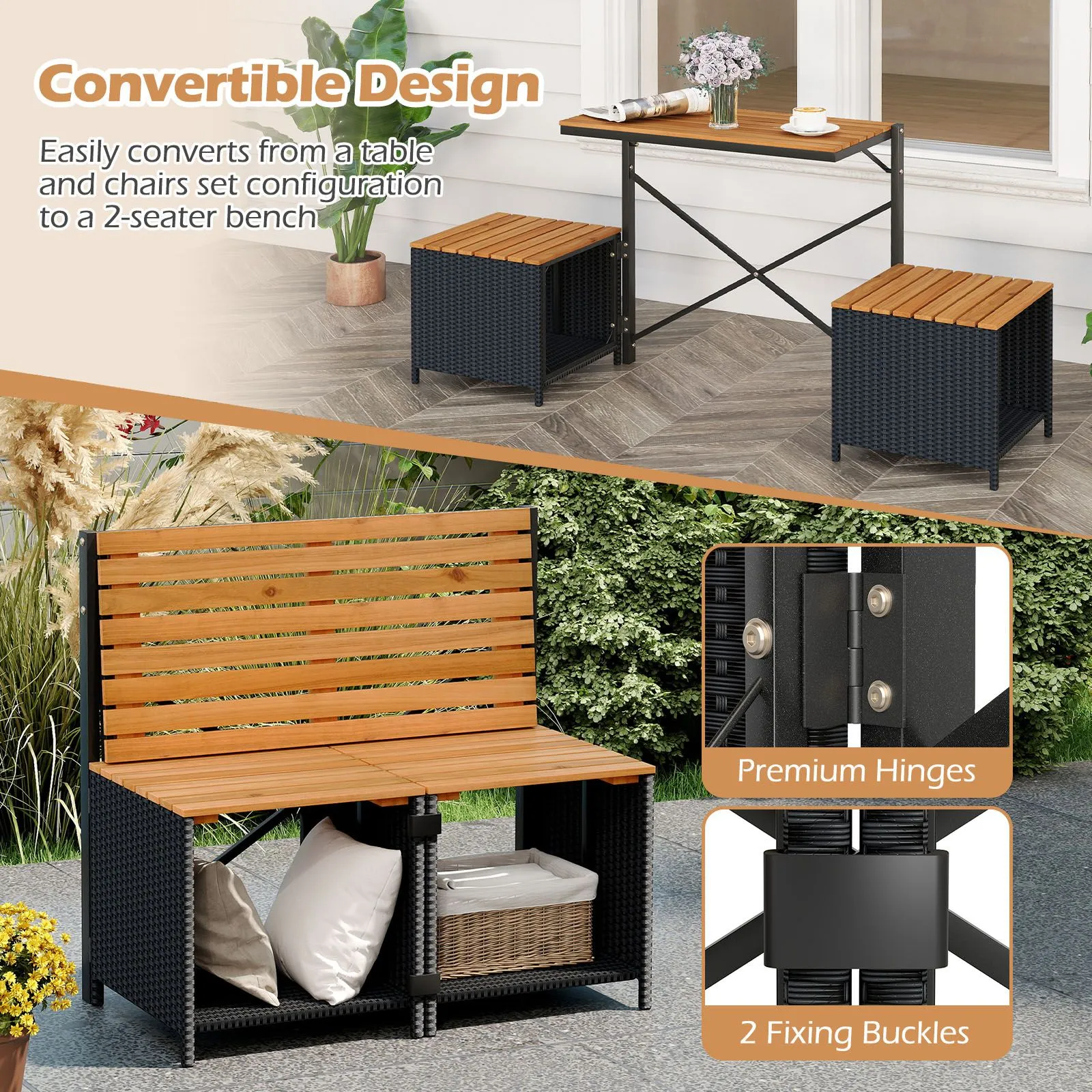 Costway Patio Furniture Set with Raised Garden Bed Table with Built-in Chairs in Brown 3