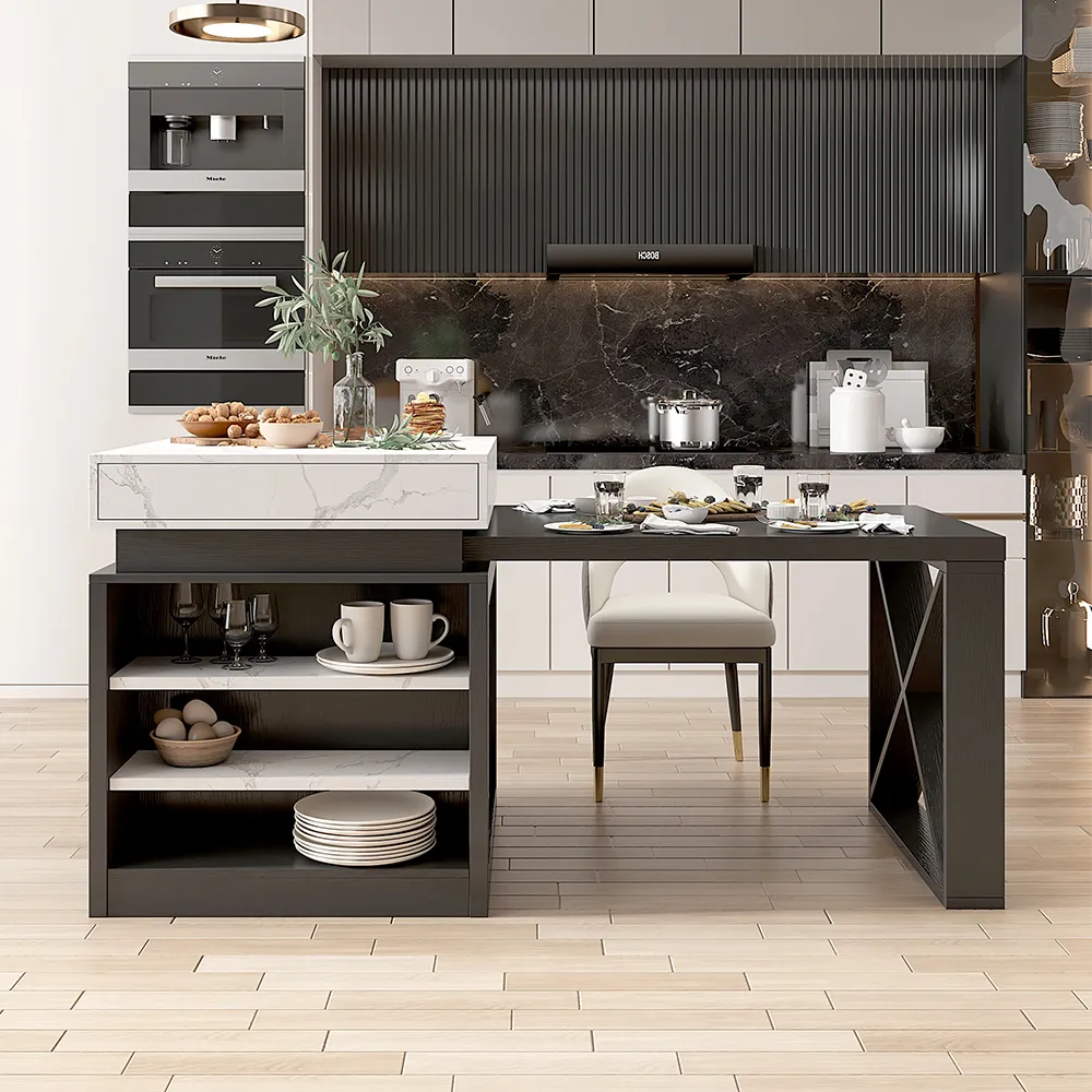 1850mm-2350mm Extendable White&Black Kitchen Island & 6 Modern Gray Dining Chairs Set