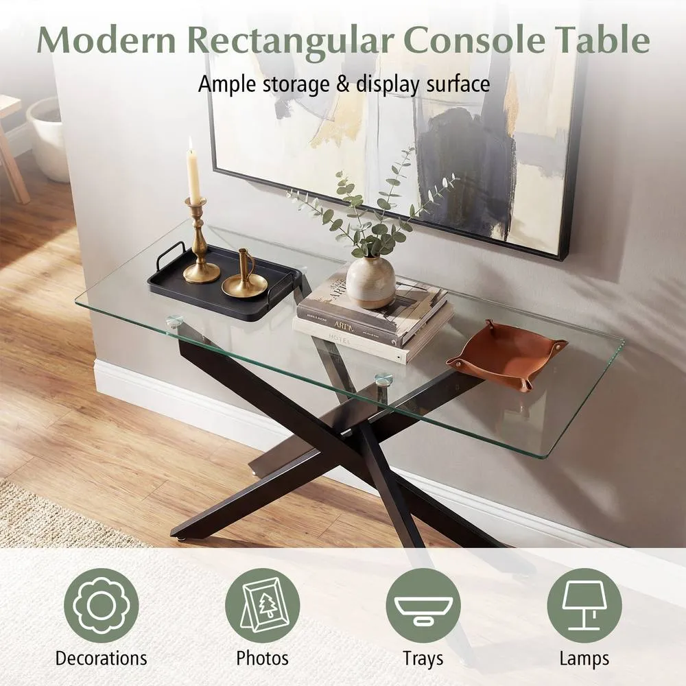 Costway Glass Console Table 115CM Entryway Table w/ Clear Tempered Glass Top in Black 3