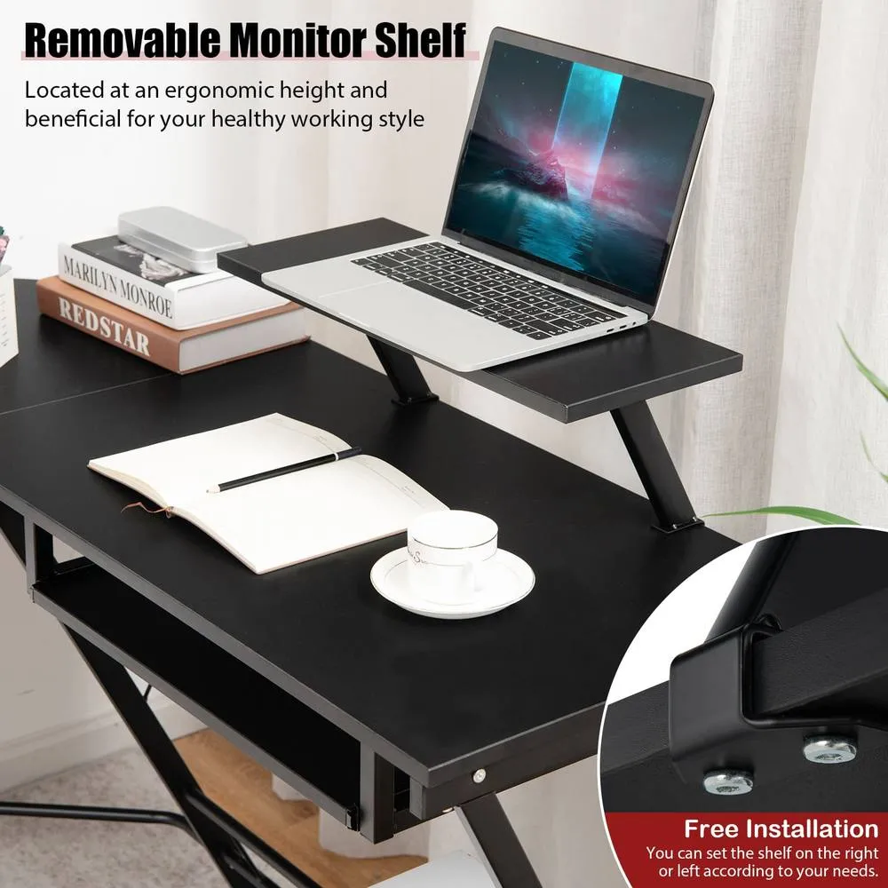Costway L-Shaped Computer Desk Office Corner Workstation w/ Host Stand in Black 4