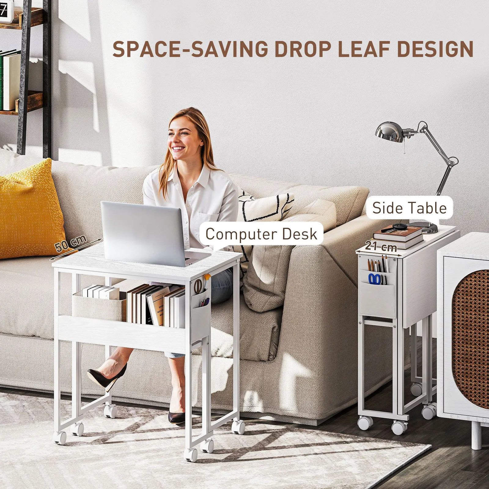 HOMCOM 63 cm Foldable Computer Desk on Wheels for Small Spaces White 4