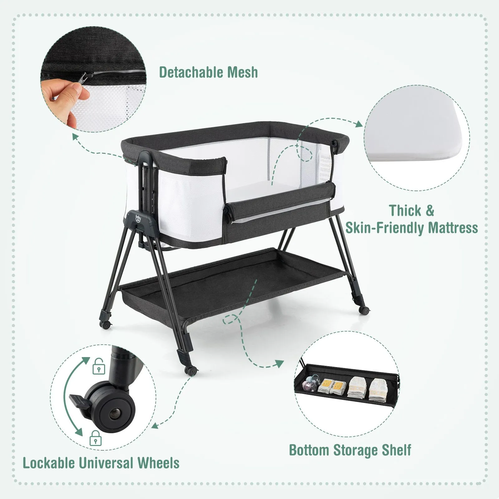 Costway Baby Bedside Crib Folding Sleeper Bassinet Cot Bed Portable 7 Adjustable Heights in Grey 3