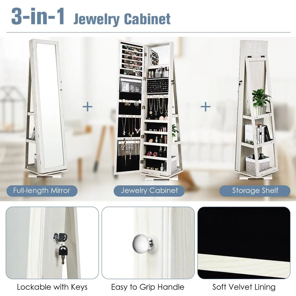 Costway 360 Rotating MirroredJewelry Cabinet Free Standing Jewelry Armoire in White 5