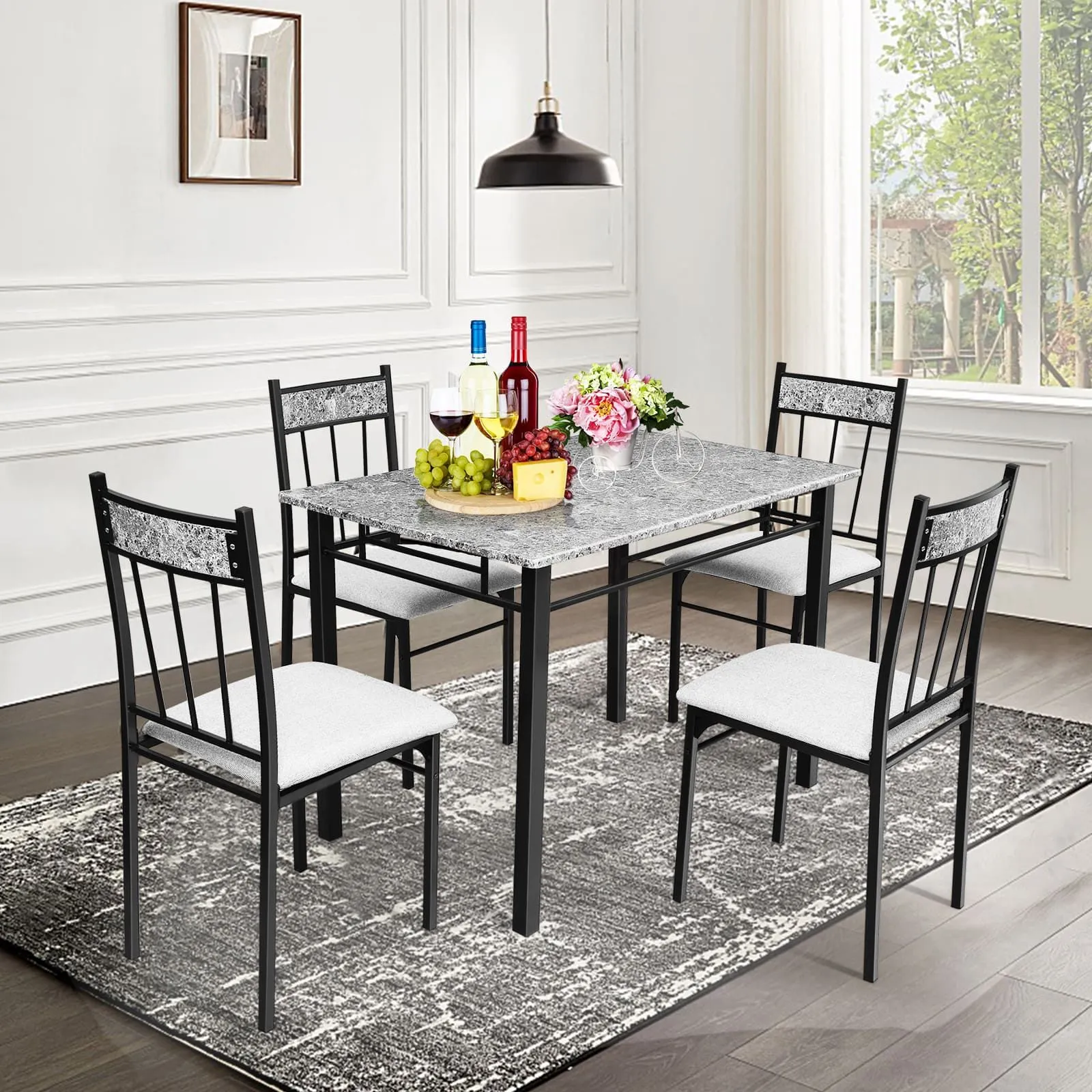 Costway Marble 5-piece Kitchen Dining Set Dining table w/Sponge Cushion-Grey in Grey 4