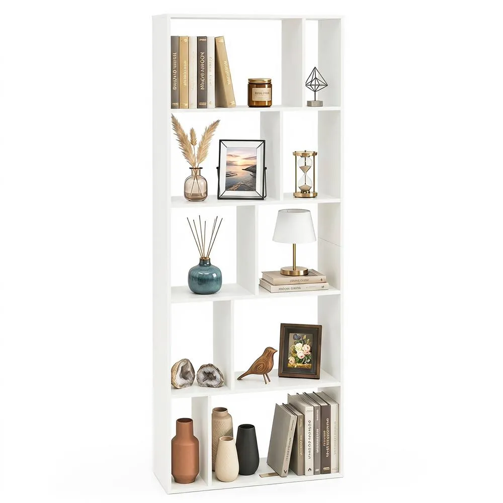 Costway 5-Tier Geometric Bookshelf with 10 Open Cubbies in White