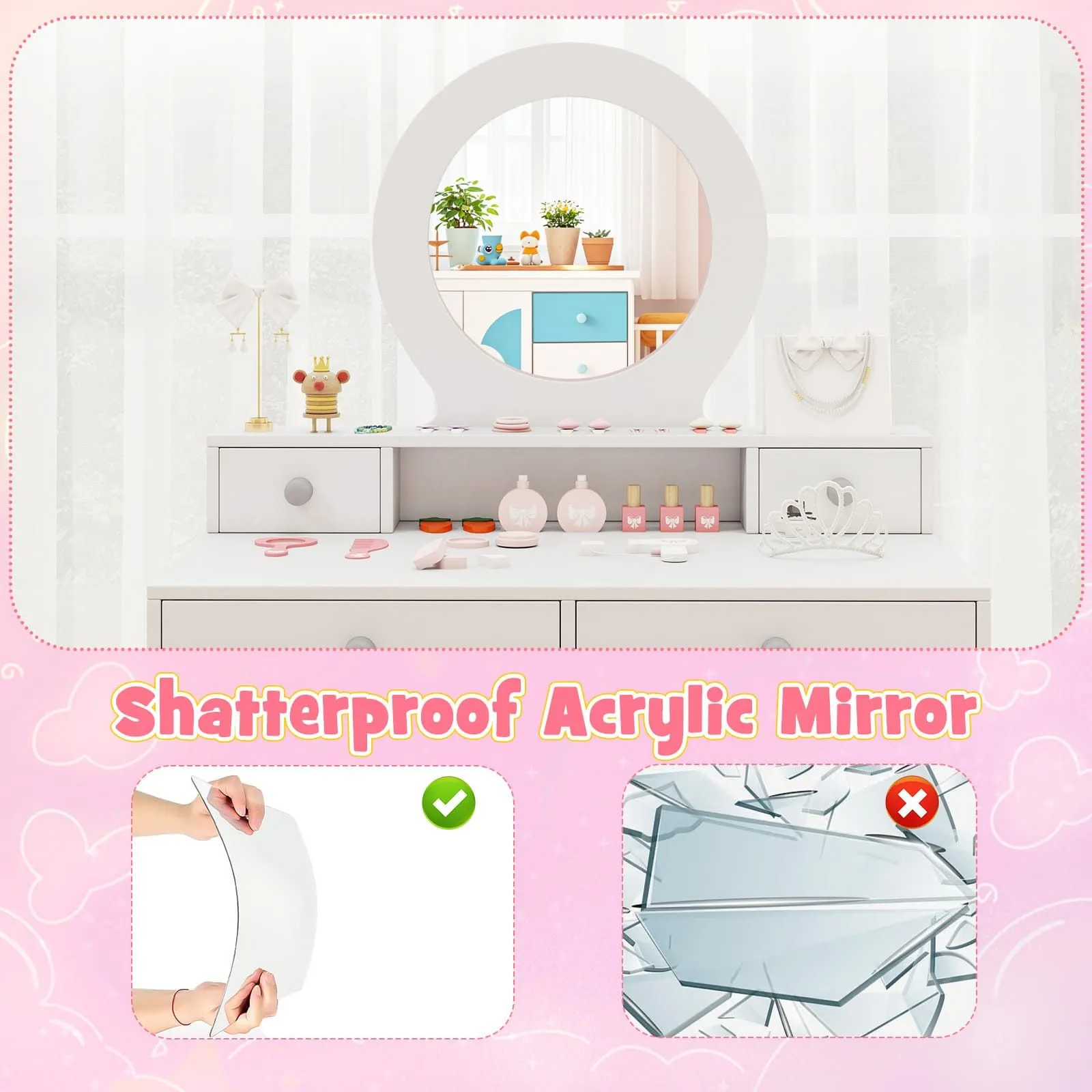 Costway Vanity Set Princess Makeup Dressing Desk & Chair w/ Mirror in White 2
