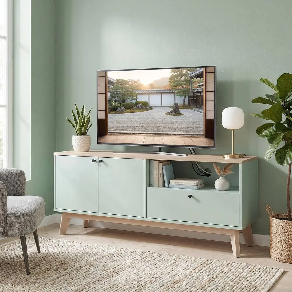 HOMCOM Entertainment Center with Adjustable Shelf for TVs up to 36 Inch in Light Green
