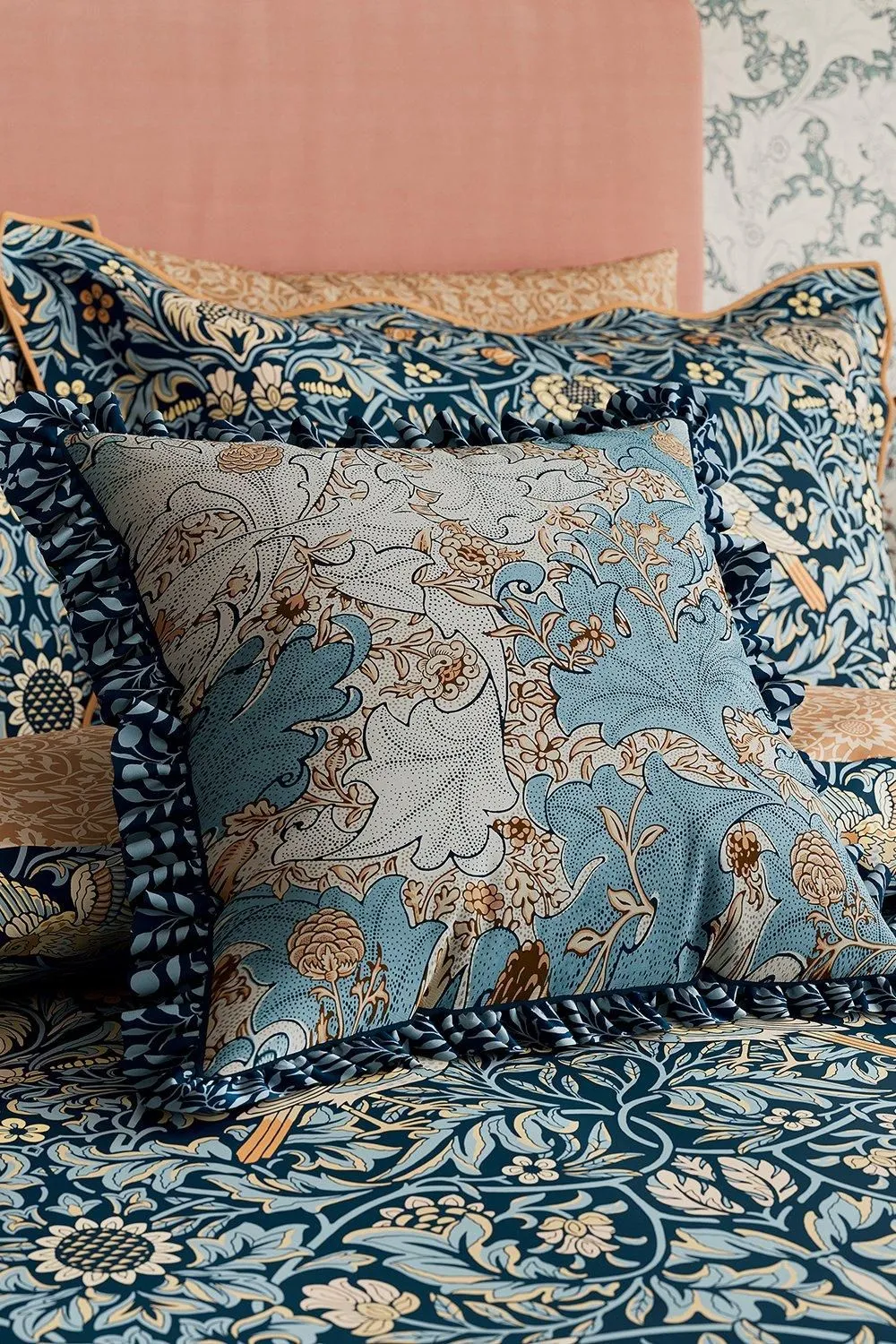 Morris & Co 'Bird' Cotton Cushion in Blue 2