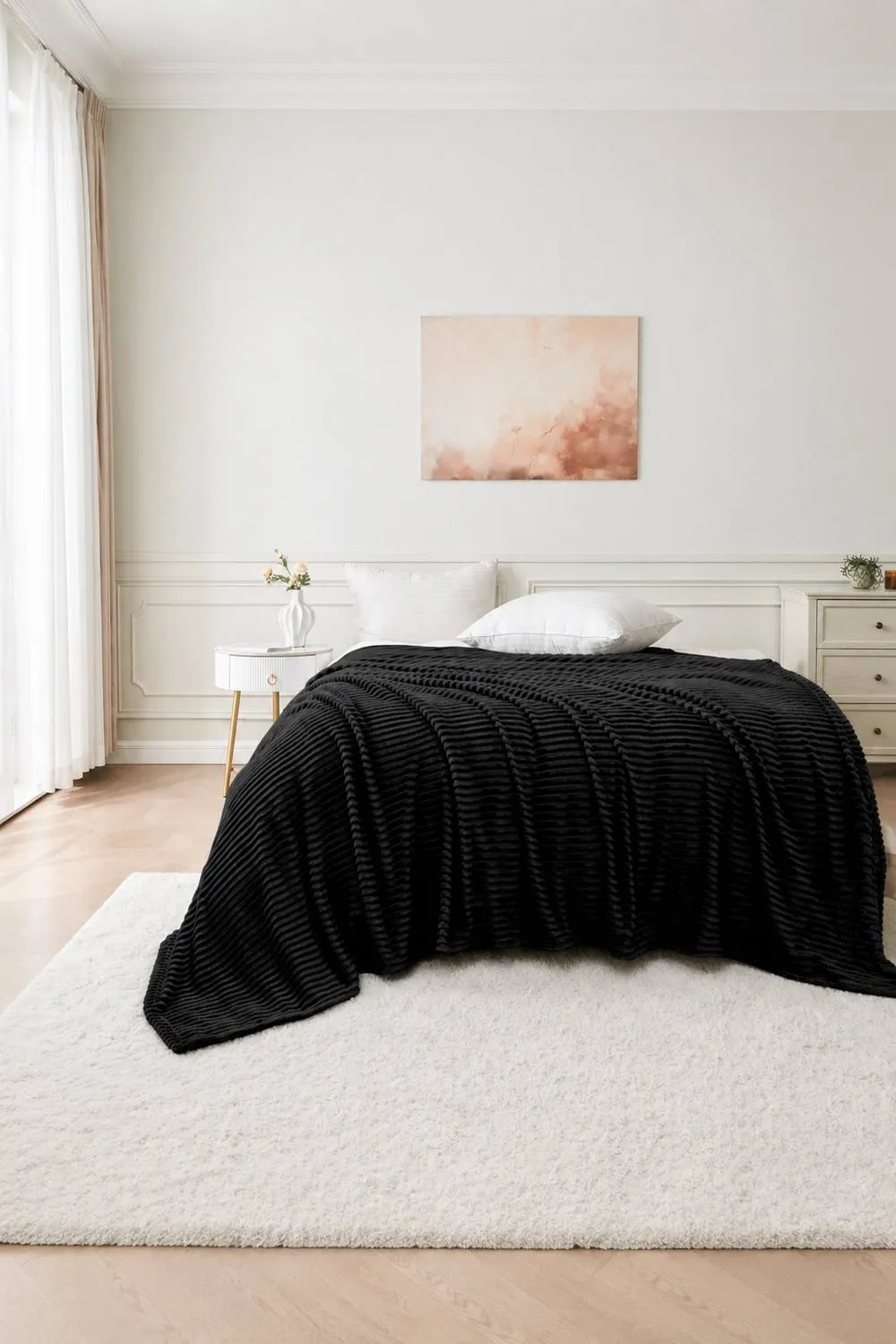 Dyzi Large Supersoft Ribbed Jacquard Fleece Throw Blanket 200 x 240cm in Black