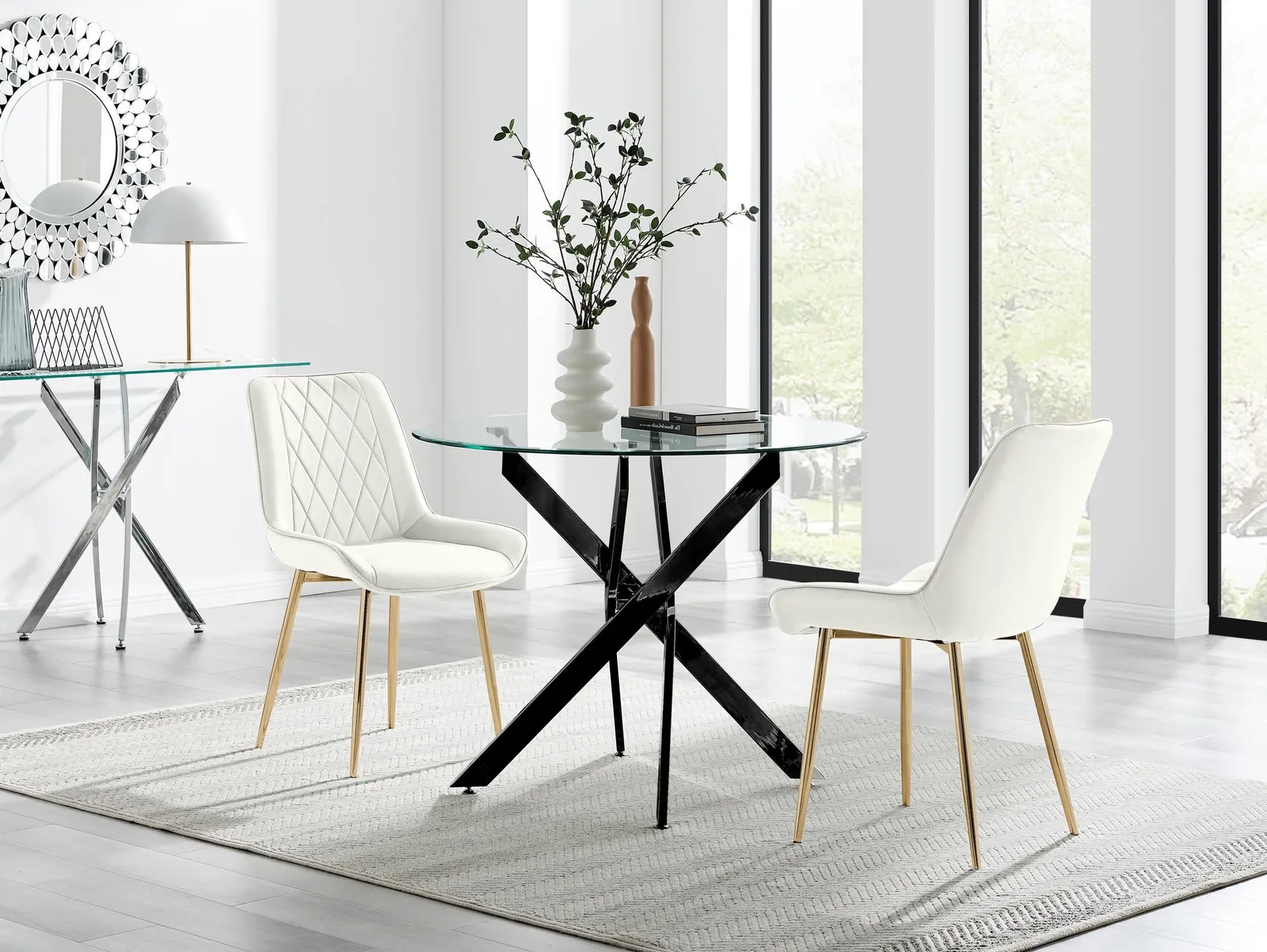 FurnitureboxUK Novara 100cm Round Black Leg Dining Table & 2 Pesaro Gold Leg Chairs in Cream