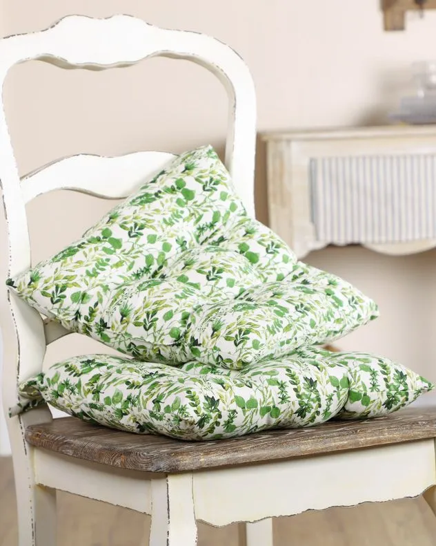 Dibor Set of 2 Green Leaf Print Indoor Dining Chair Seat Pad Cushions L40cm x W40cm
