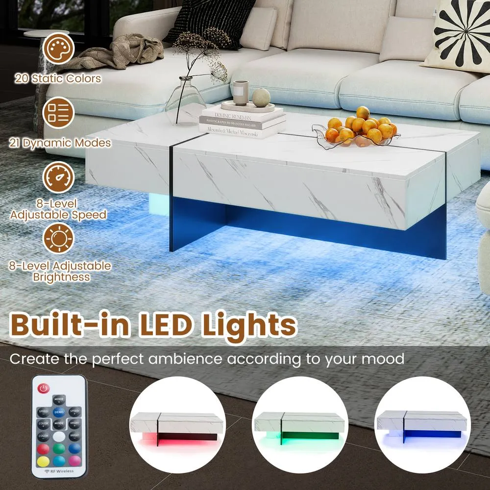 Costway Modern LED Coffee Table Rectangular Cocktail Center Table w/ 3 Drawers in White 4