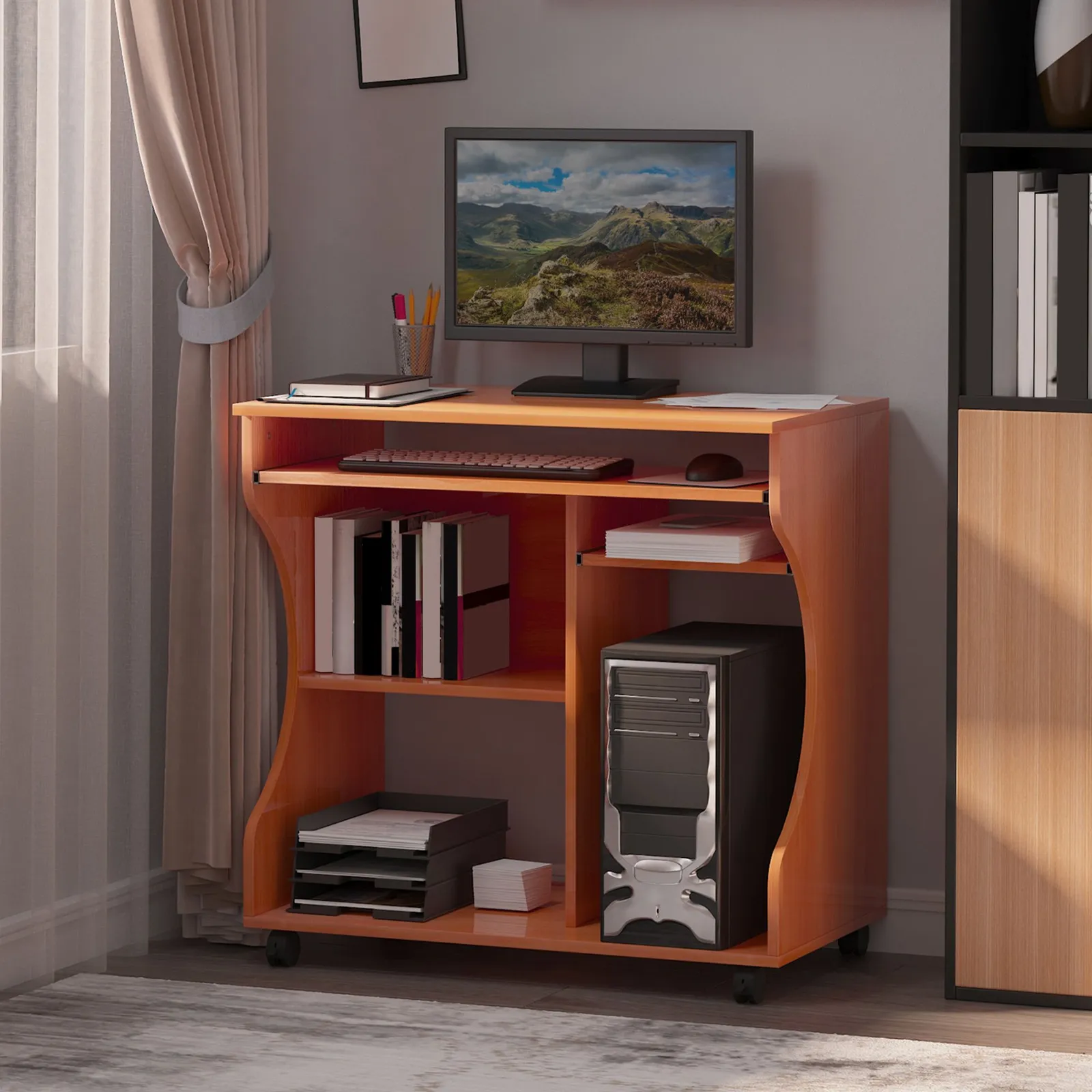 HOMCOM Computer Desk PC Laptop Writing Table Storage Shelf Workstation in Natural
