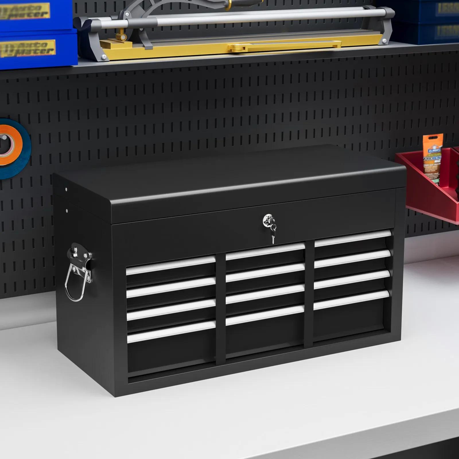 HOMCOM 6 Drawer Tool Chest, Lockable Metal Tool Box with Top Case, Ball Bearing Runners, Portable Toolbox, 600mm x 260mm x 340mm in Black