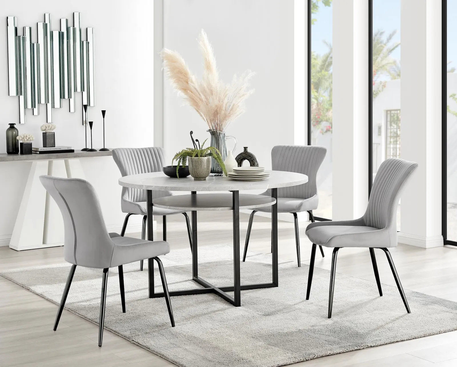 FurnitureboxUK Adley Grey Concrete Effect Round Dining Table & 4 Nora Black Leg Velvet Chairs in Light Grey