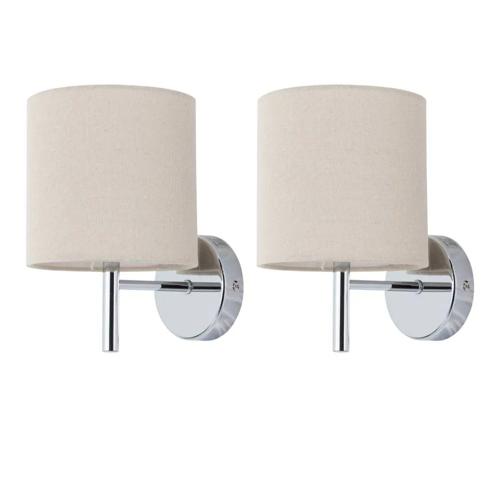 First Choice Lighting Set of 2 Brea - Chrome Wall Lights with Natural Linen Shade in Silver