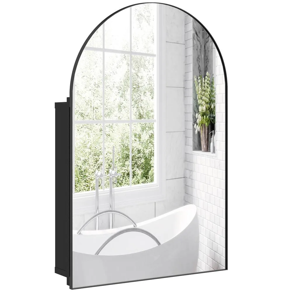 HOMCOM Bathroom Mirror Cabinet with Mirror Arched Wall Cabinet Black 2