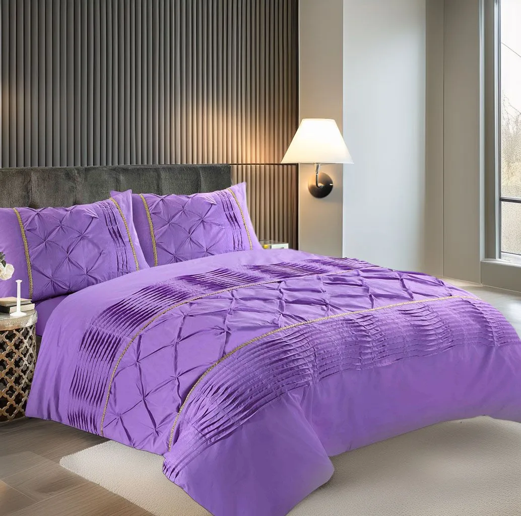 Snug City Duvet Cover & Pillowcase Set Modern Pintuck Border Pleated Bed Linen in Lilac