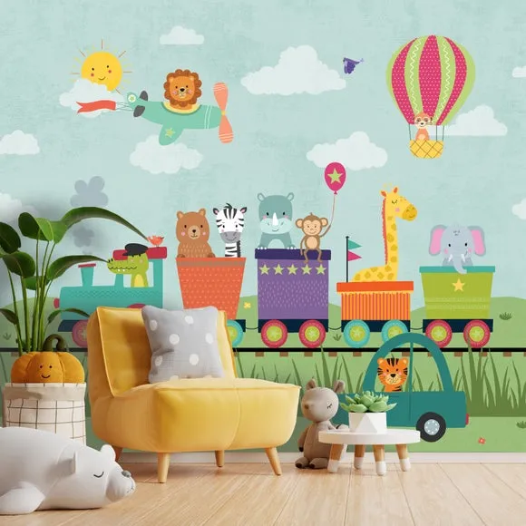 Kids Animal Party Train Wall Mural 1