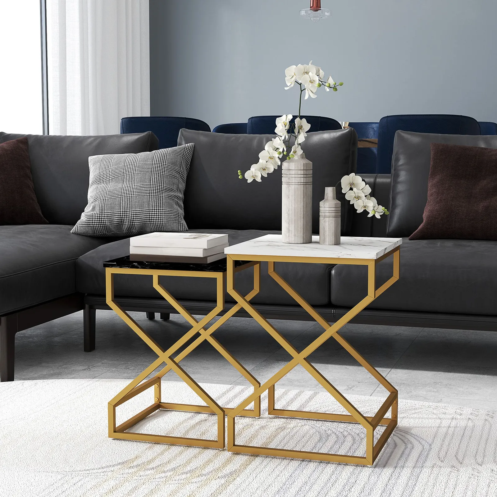 HOMCOM Nest Of Tables, Coffee Table Set with Steel Frame Black/White