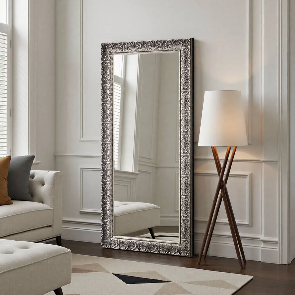 Yearn Mirrors Carved Framed Bevelled Full Length Mirror Silver 169x77cm 4