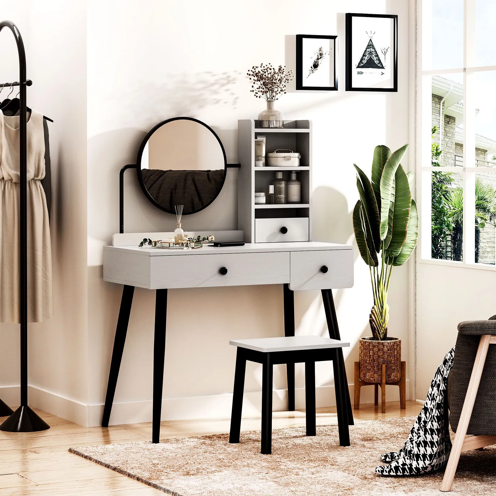 HOMCOM Dressing Table Set with 3 Drawers, Storage shelves & Stool in Grey