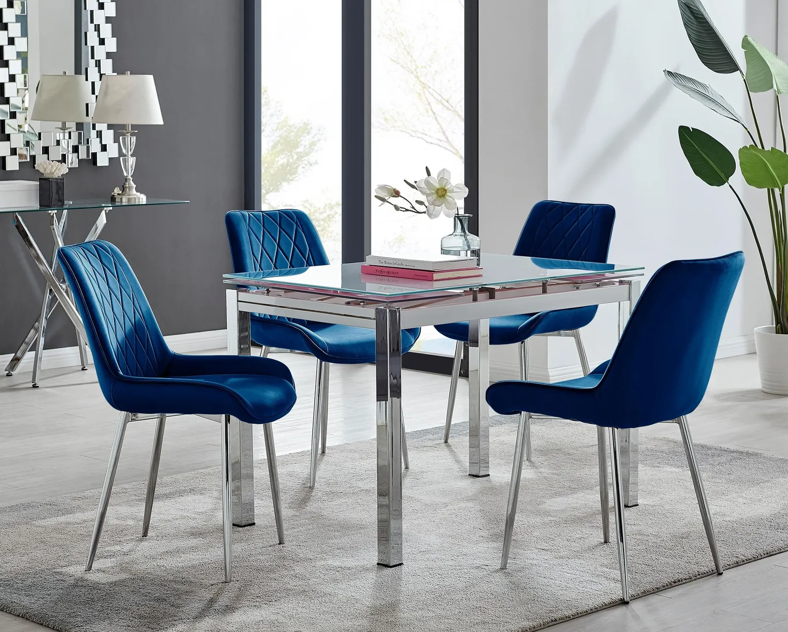 FurnitureboxUK Enna White Glass Extending 4-6 Seater Dining Table & 4 Pesaro Soft Velvet Chairs in Navy 1