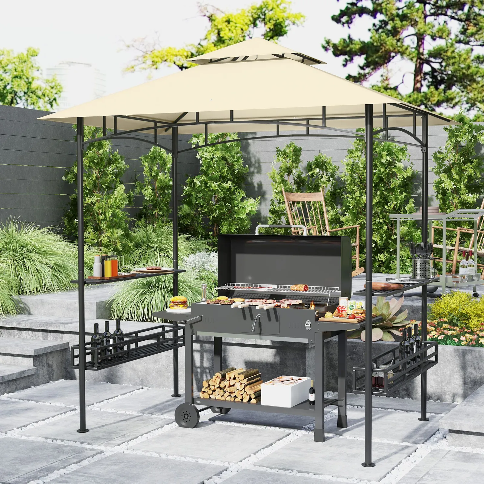 OUTSUNNY 240 x 150cm Grill Gazebo Canopy with 2 Side Shelves, Hook, Beige