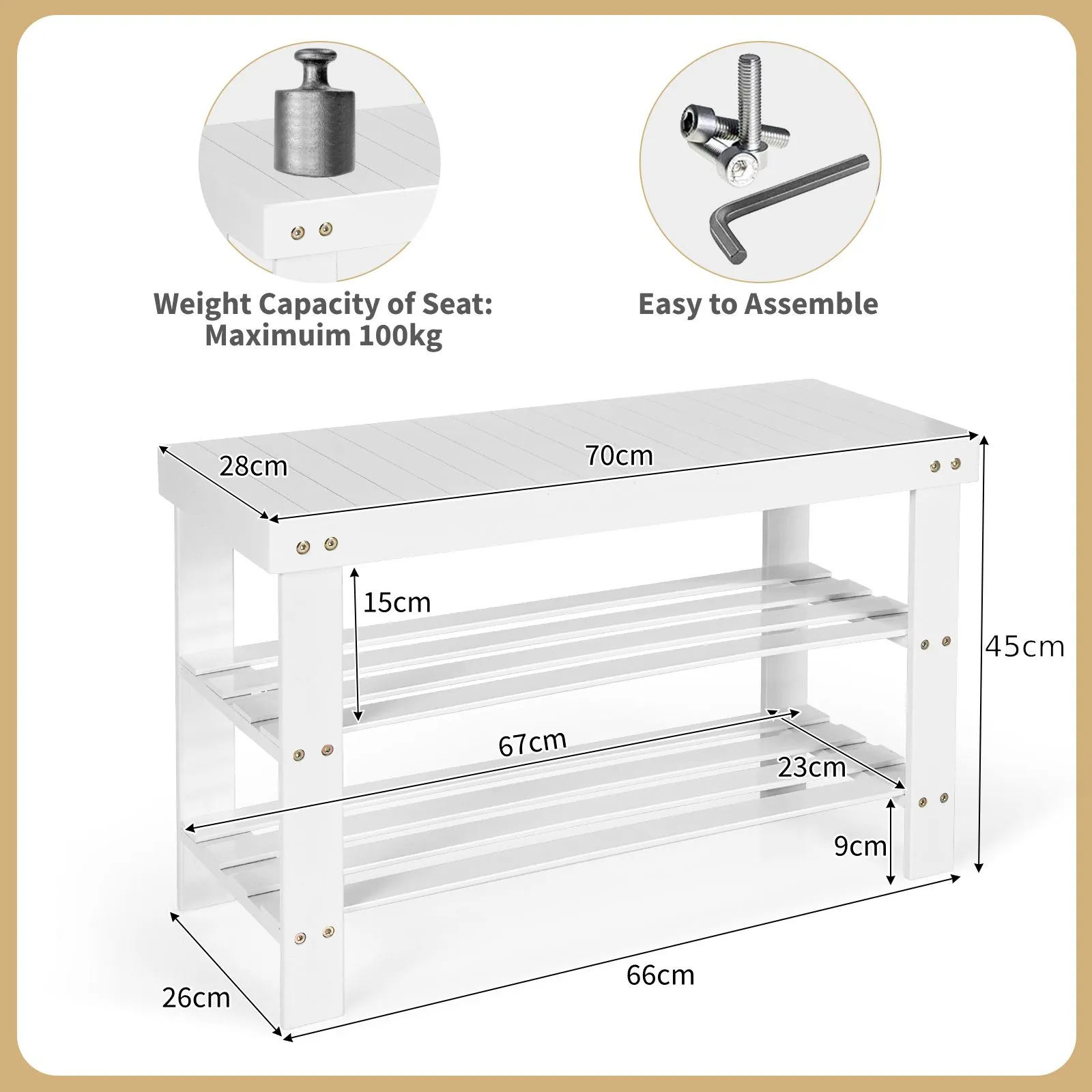 Costway 3-Tier Bamboo Shoe Bench Shoe Rack Shelf Organizer Entryway Bench Stand Display in White 2