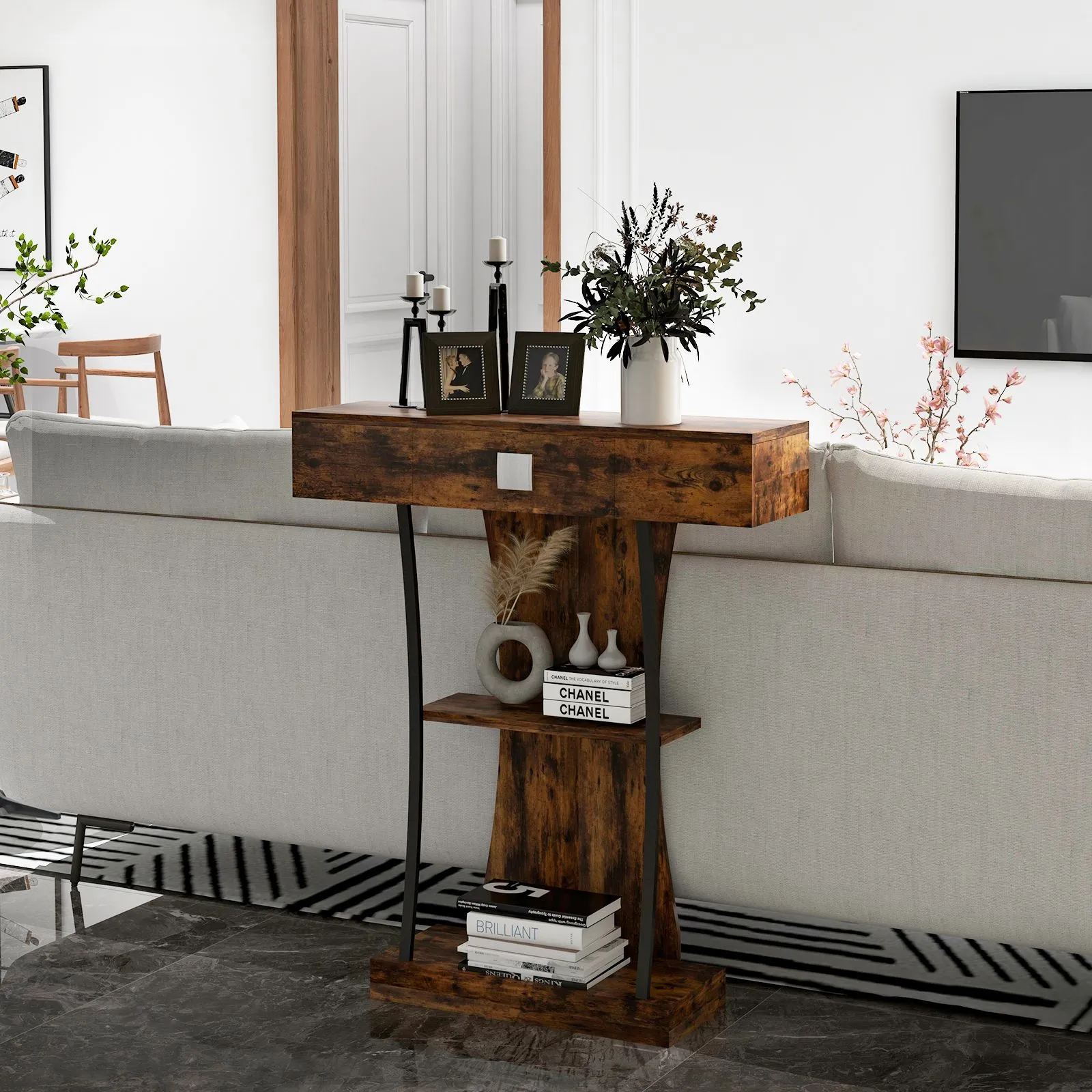 Costway T-Shaped Industrial Console Table Narrow Sofa Side Table Entryway Display Shlves in Brown 4