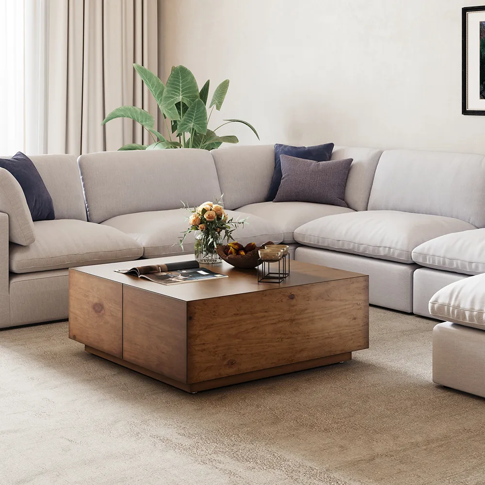 90 cm Square Pine Wood Block Coffee Table with 4 Drawers