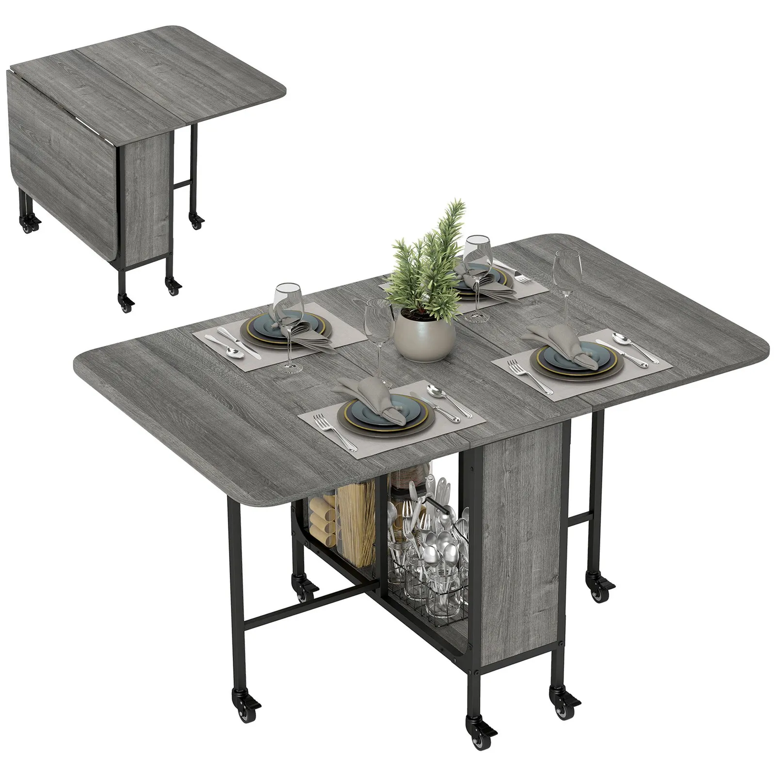 HOMCOM Mobile Drop Leaf Dining Table on Wheels with Storage Shelf in Grey 2
