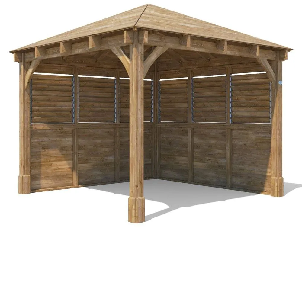 Dunster House Wooden Gazebo Kit 3x3m with Louvre Wall Heavy Duty Pro, Leviathan in Brown