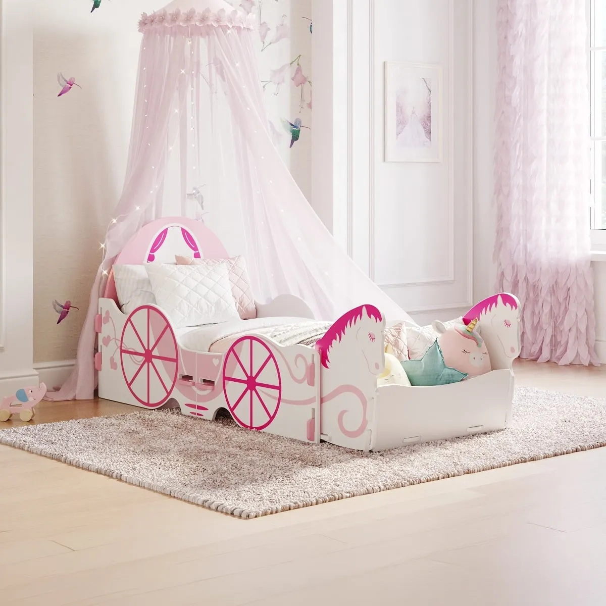 Princess Carriage - Toddler - Princess Horse and Carriage Toddler Bed - Pink/White - Wooden - Happy Beds