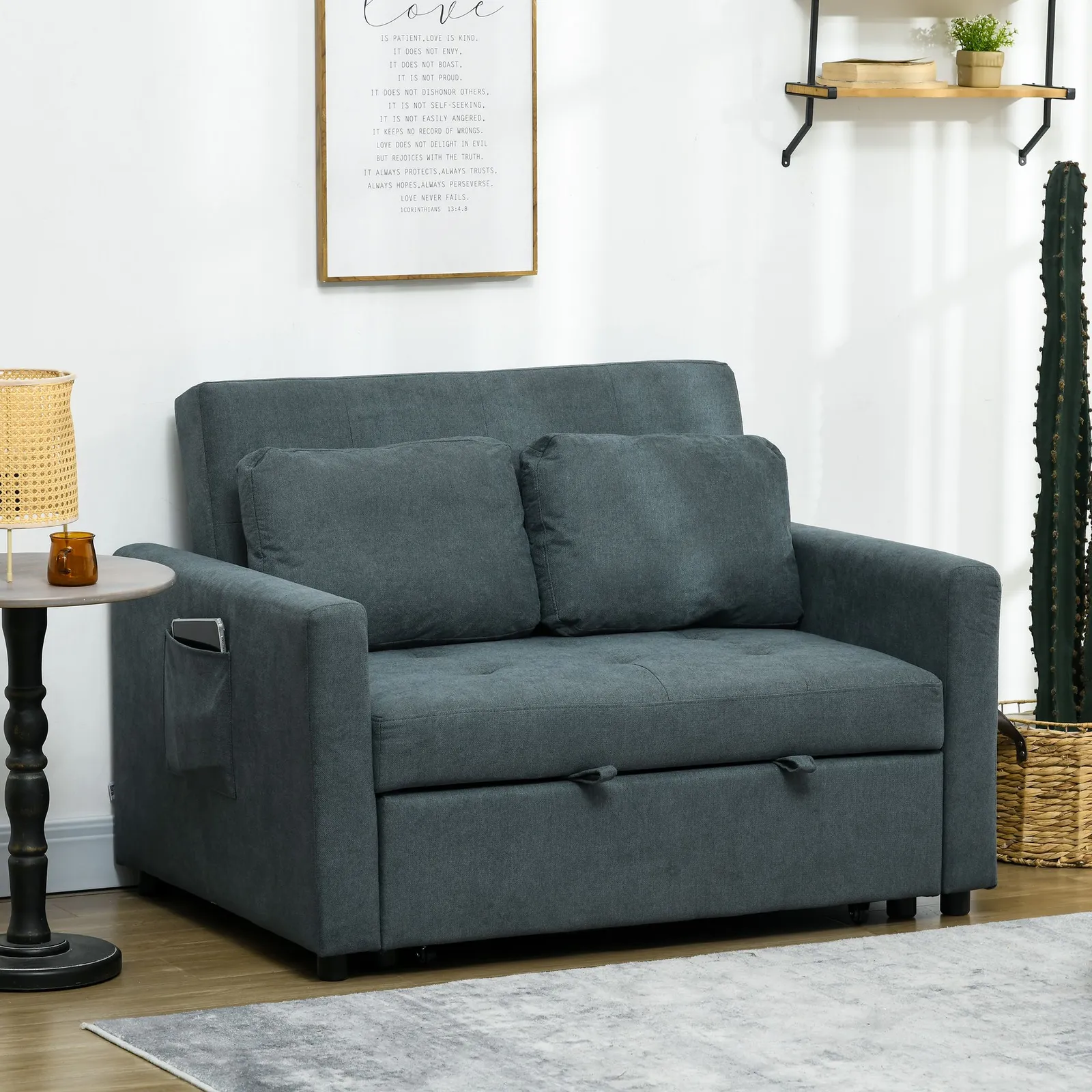 HOMCOM 2 Seater Sofa Bed Convertible Bed Settee with Cushions, Pockets in Grey