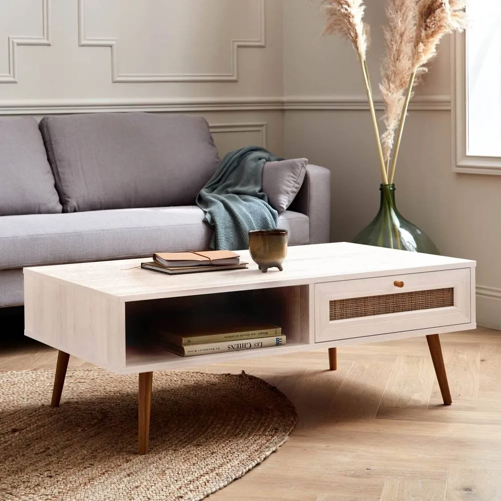 sweeek Coffee Table With Wood & Cane Effect in White 1