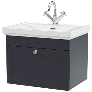 Classique Soft Black Wall Hung 1-Drawer Vanity & Basin 1 Tap Hole - 496 x 630mm