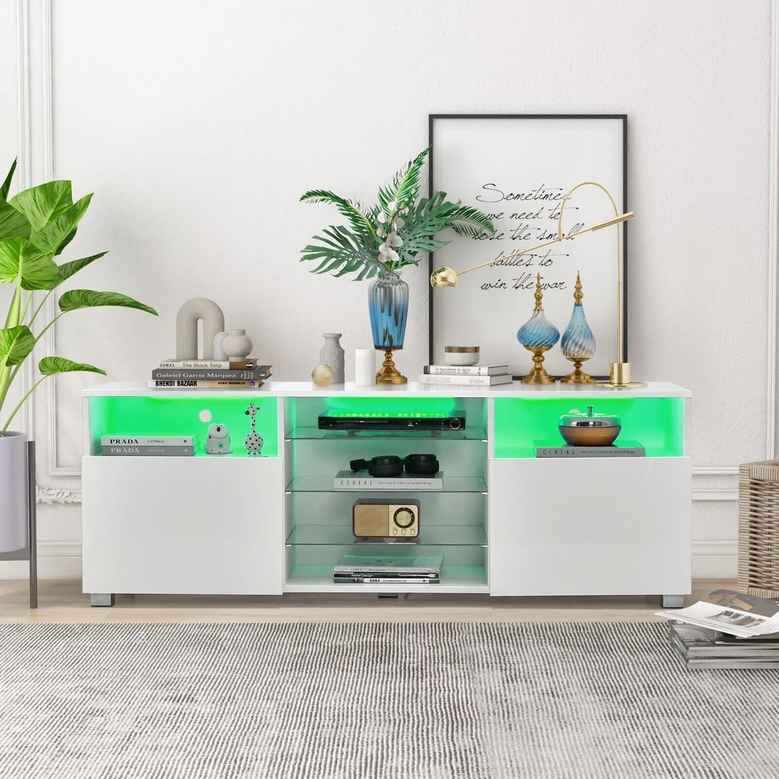 Costway 2Door TV Stand w/ LED Lights for TVs up to 65 inch Modern Entertainment Center in White 4