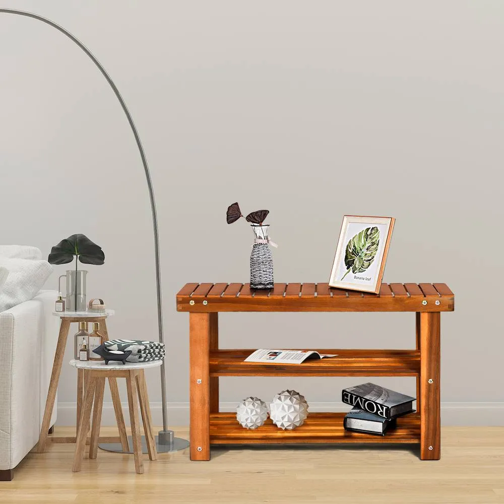 Costway Acacia Wood Shoe Rack Bench 3-Tier Shoe Organizer 70x28x45cm in Brown 5