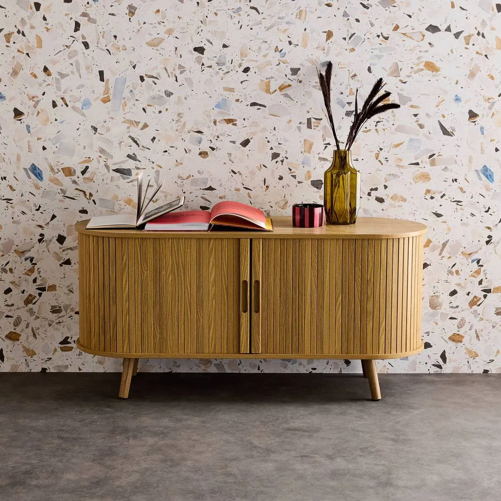 sweeek 120cm scandi-style TV unit with grooved wooden effect & 2 sliding in Beige 4