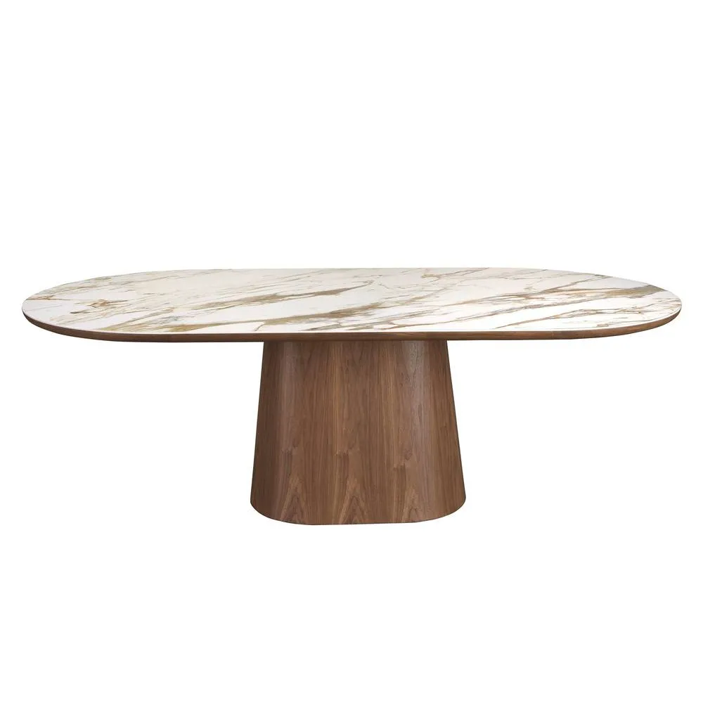Angel Cerda Oval Porcelain Marble Dining Table with Walnut Legs in White 2