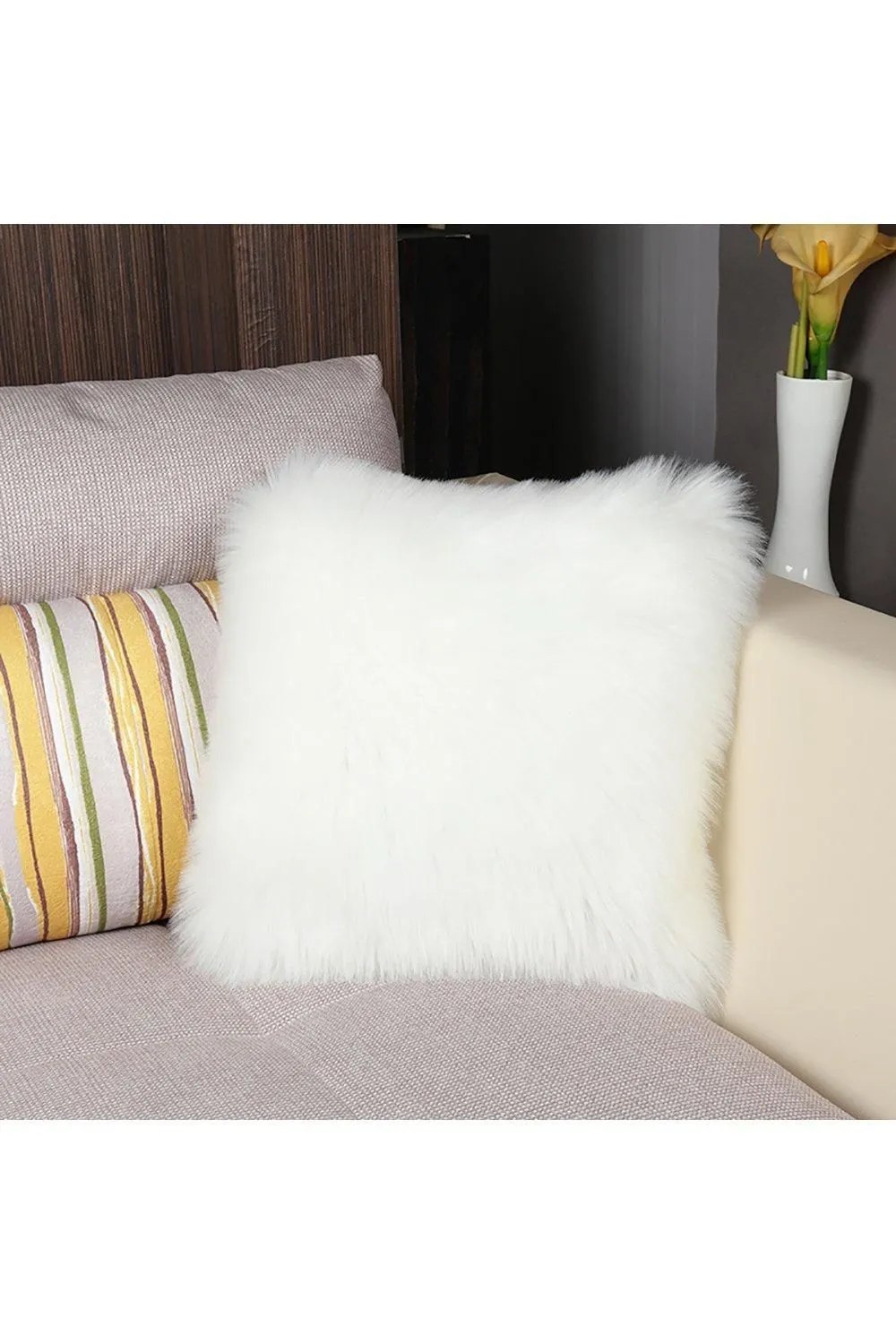 H&O Direct Square Fluffy Faux Fur Throw Pillow Cover in White