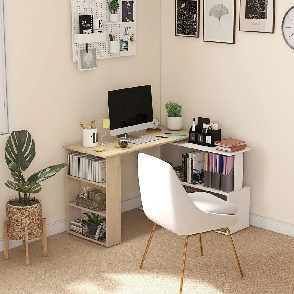HOMCOM Corner Desk with Rotating Design & Bookshelf, Natural & White