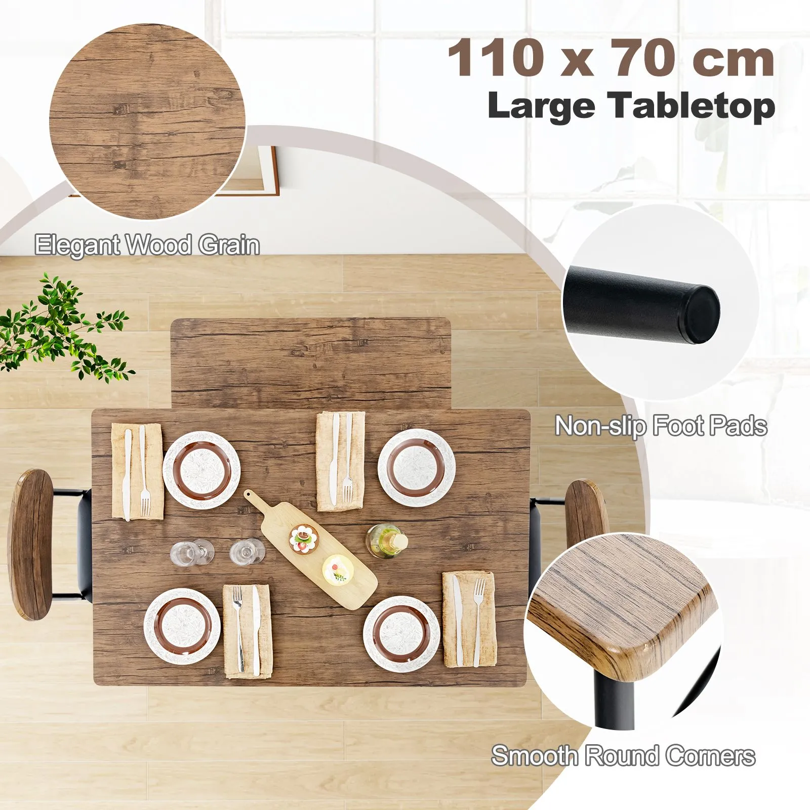 Costway 4 Pcs Dining Table Set Rectangular Kitchen Table w/ Bench & 2 Upholstered Chairs in Brown 4