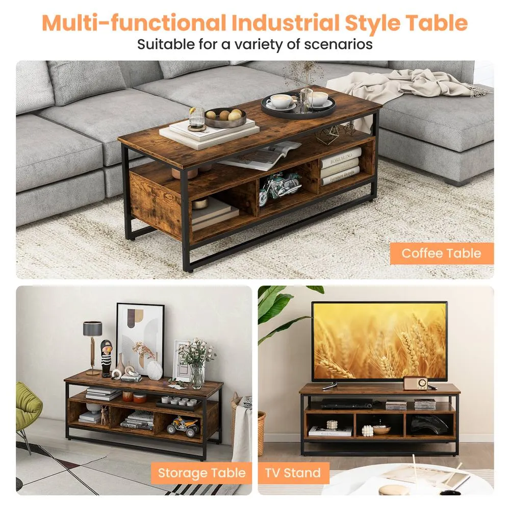 Costway Industrial Center Table with Open Shelf & 3 Storage Cubbies in Brown 3