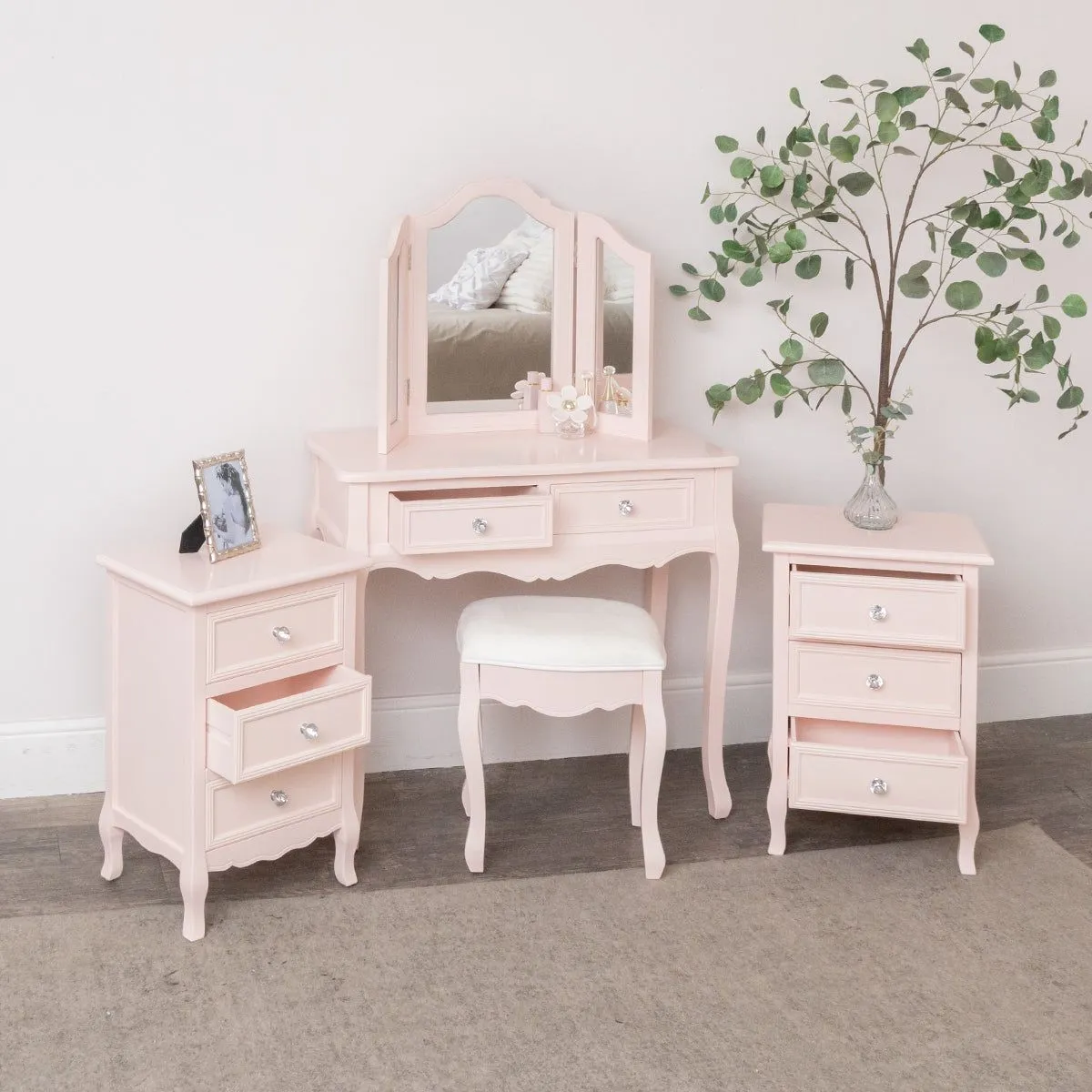 Melody Maison Pink Dressing Table, Mirror, Stool & Pair Bedside Tables - Sophia Pink Range in Light Pink 2